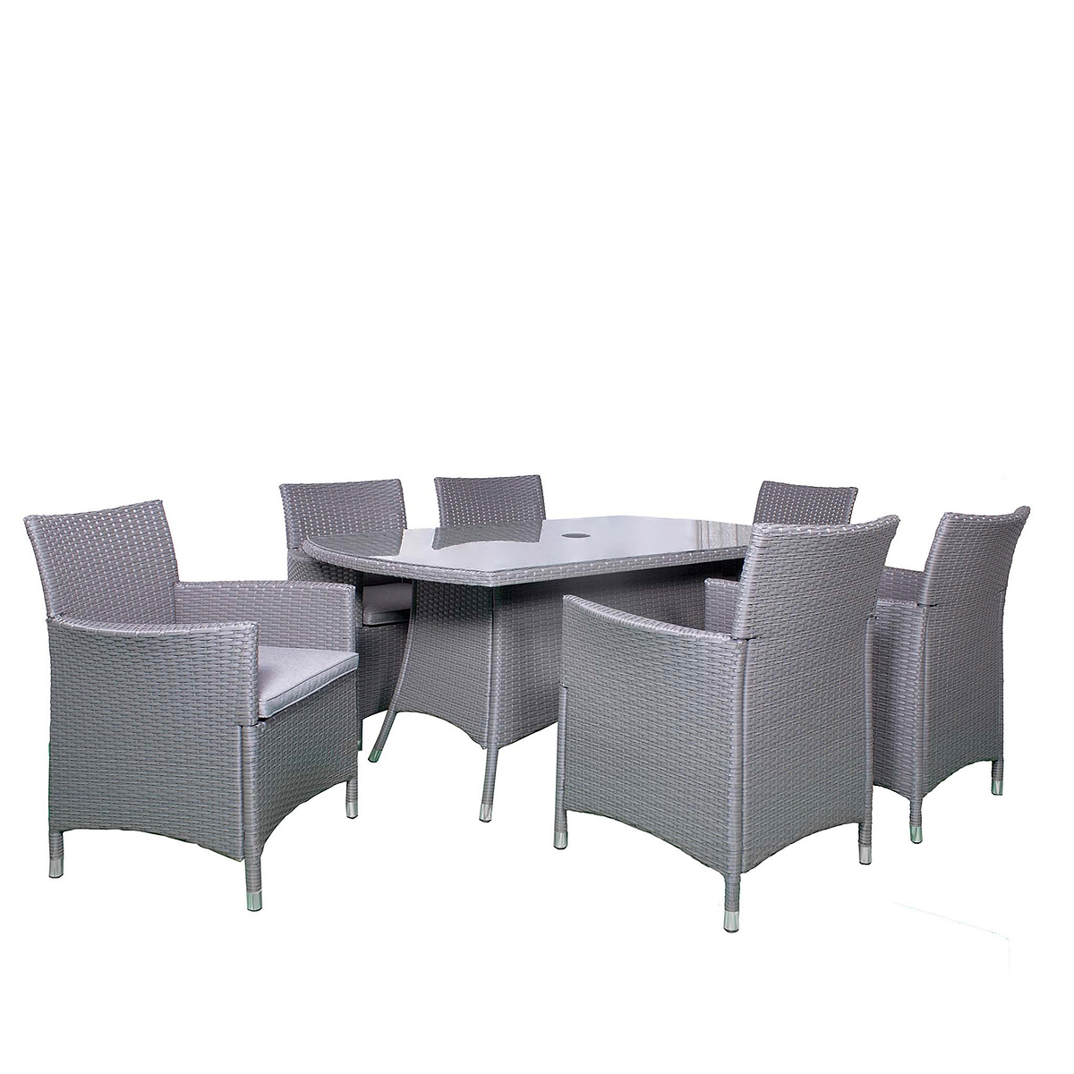 A gray wicker patio dining set with six chairs around a glass-top table, isolated against a white background.