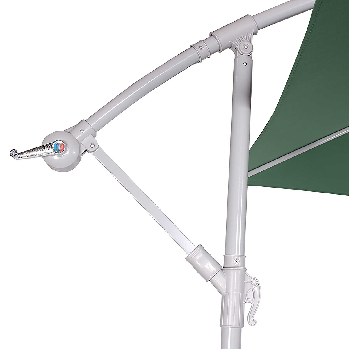 Mechanical arm of an umbrella poised at an angle, displaying its articulating joints and a portion of the green canopy against a white background.