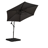 A black patio umbrella is open, showcasing its octagonal shape, mounted on an adjustable metal pole with a heavy square base, against a white background.