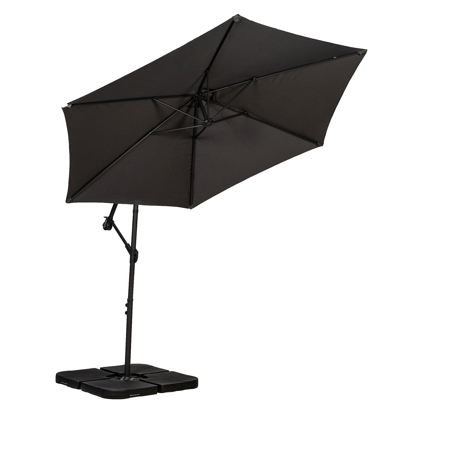 A black patio umbrella is open, showcasing its octagonal shape, mounted on an adjustable metal pole with a heavy square base, against a white background.