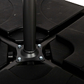 A cylindrical black metal pole is mounted to a five-armed plastic base with bolts, possibly part of an office chair. The background is white.