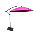 A pink outdoor umbrella mounted on an adjustable metallic stand with a heavy base, angled to provide shade, on a plain white background.
