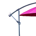 A pink umbrella attached to a curved, dark metal stand, set against a plain white background. There is no text in the image.