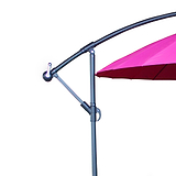 A pink umbrella attached to a curved, dark metal stand, set against a plain white background. There is no text in the image.