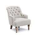 A tufted, upholstered armchair with a high back and wooden legs, isolated on a white background.