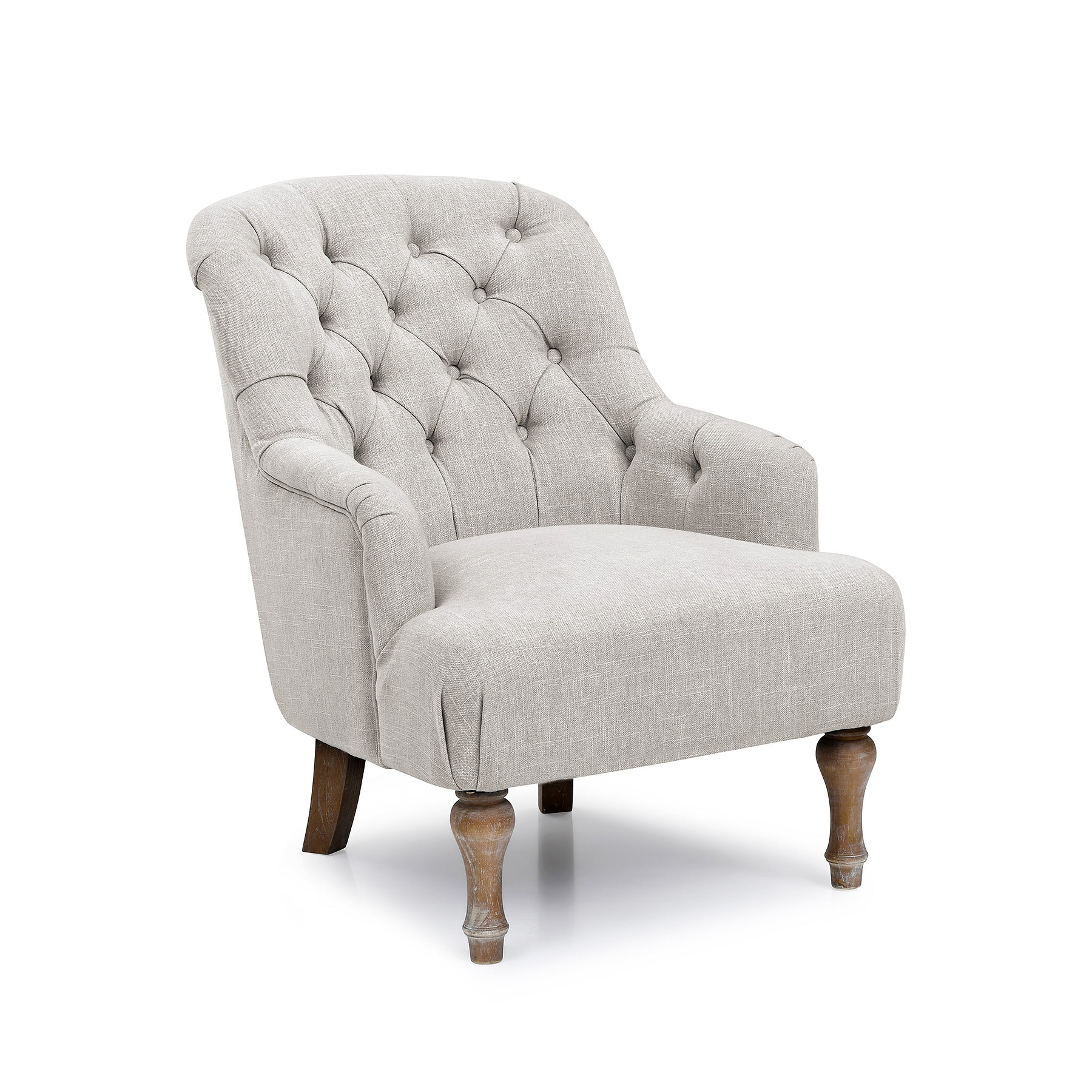 A tufted, upholstered armchair with a high back and wooden legs, isolated on a white background.