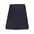 A dark blue, rectangular sleeping bag is lying flat with visible stitching, creating tufted sections. It appears smooth and unfurled, set against a white background.