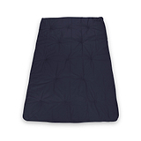 A dark blue, rectangular sleeping bag is lying flat with visible stitching, creating tufted sections. It appears smooth and unfurled, set against a white background.