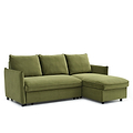 Olive green sectional sofa with plush cushions and dark legs, isolated against a white background.