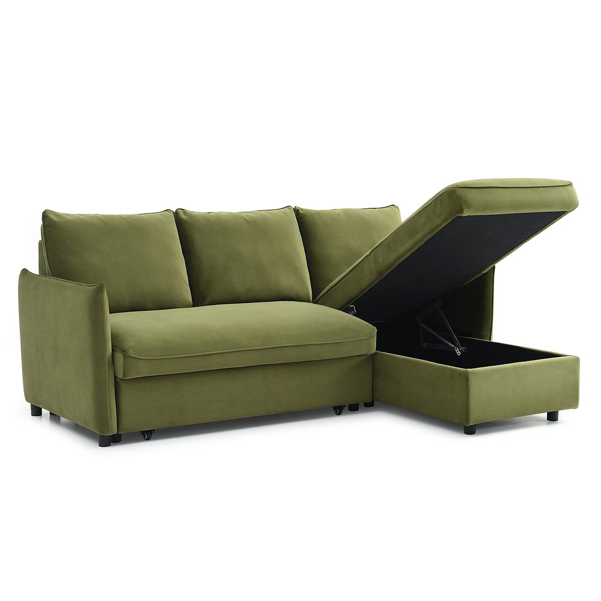 Thalia Olive Green Velvet 3 Seater Corner Chaise Sofa Bed