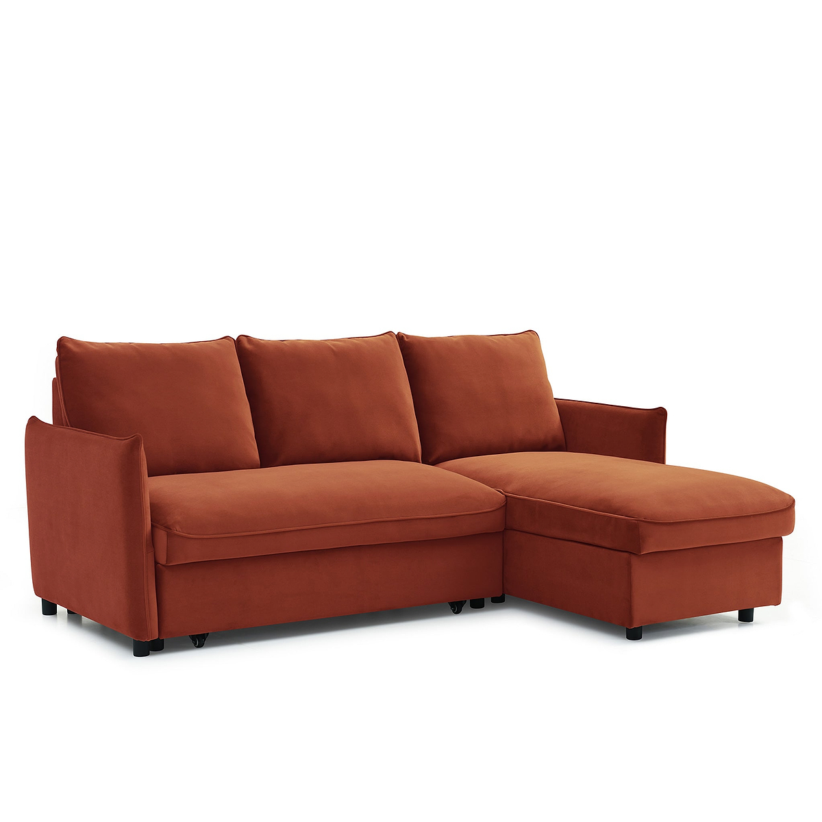 A terracotta-colored L-shaped sectional sofa with plush cushions stands against a white background.