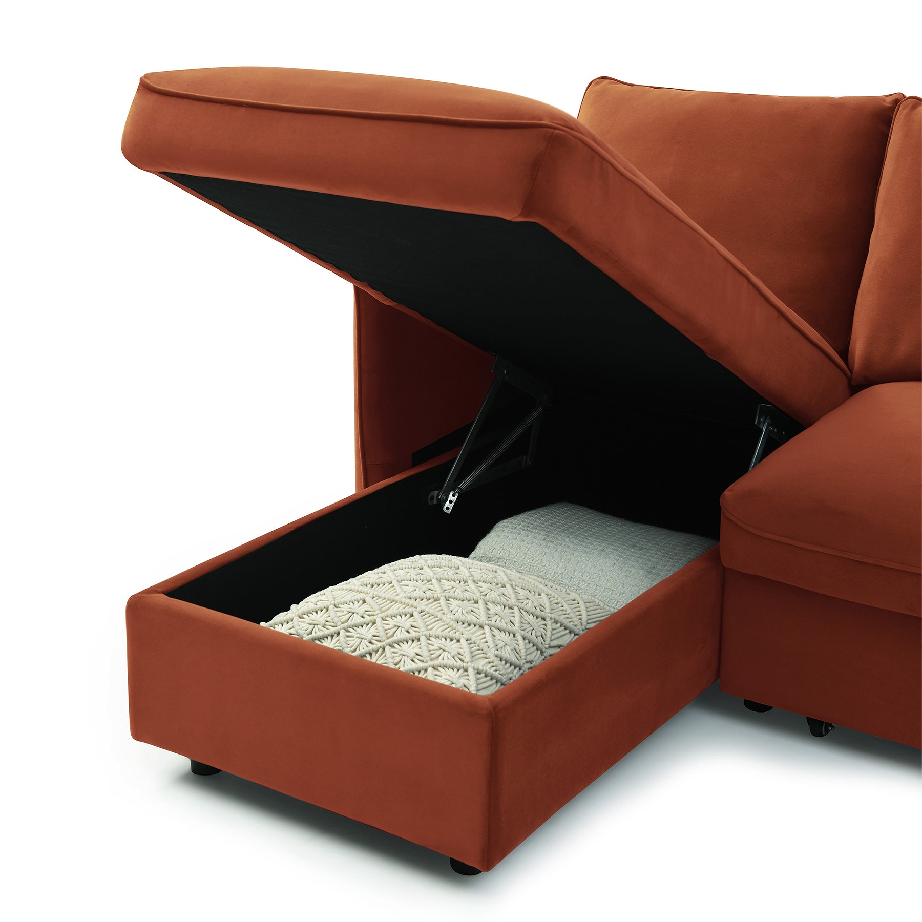 Thalia Burnt Orange Velvet 3 Seater Corner Chaise Sofa Bed