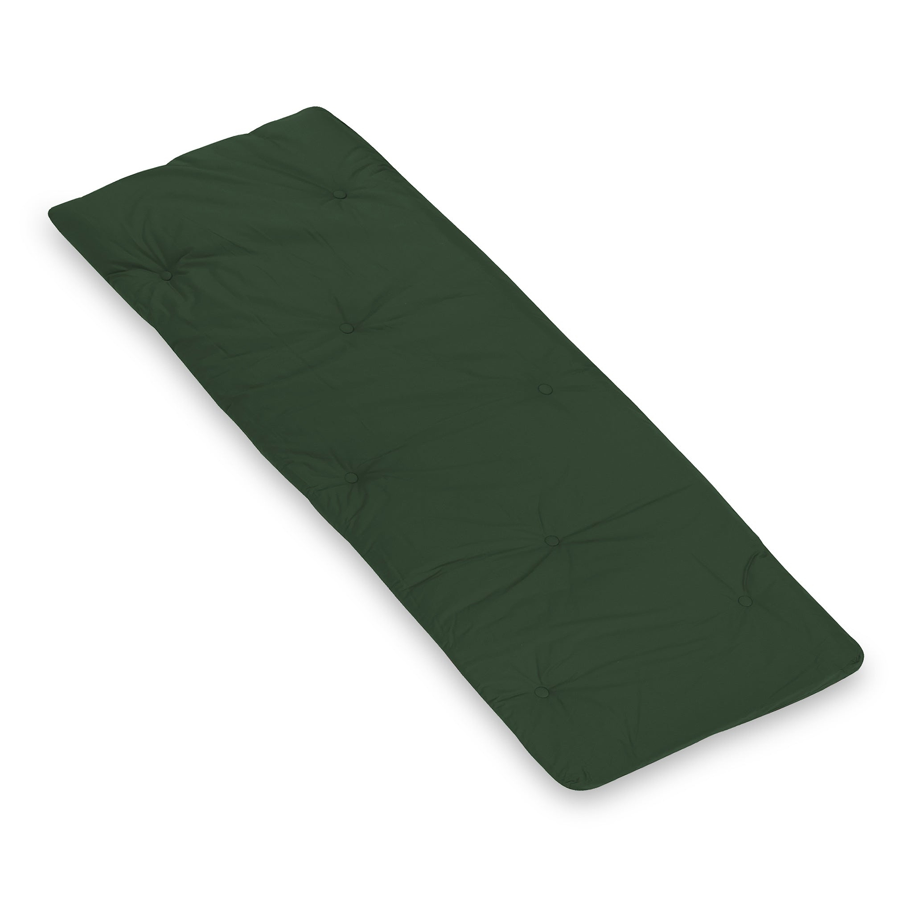 A green bench cushion with tufted buttons lies flat against a plain white background.