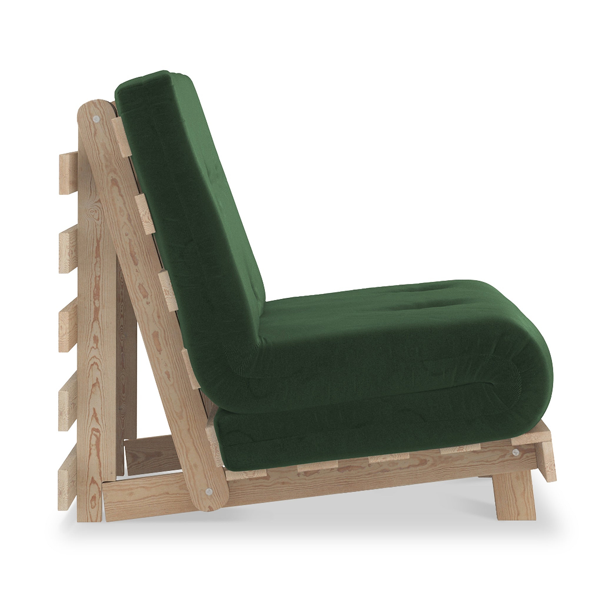 A green cushioned wooden lounge chair is displayed against a white background, suggesting a simplistic, modern furniture design.