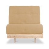 A minimalist beige upholstered chair with a tall backrest, tufted with three buttons, on a simple wooden frame, standing against a white background.