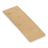 A rectangular beige bench cushion with button tufting is lying flat on a white background.