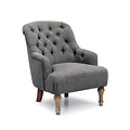 A gray tufted armchair with cushioned upholstery and wooden legs isolated on a white background.