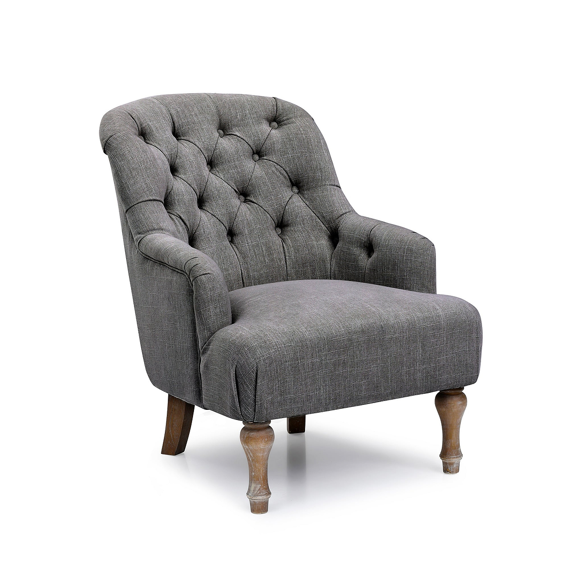 A gray tufted armchair with cushioned upholstery and wooden legs isolated on a white background.