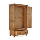 Zelah Oak Double Wardrobe with Drawer - Side view with wardrobe and drawer open