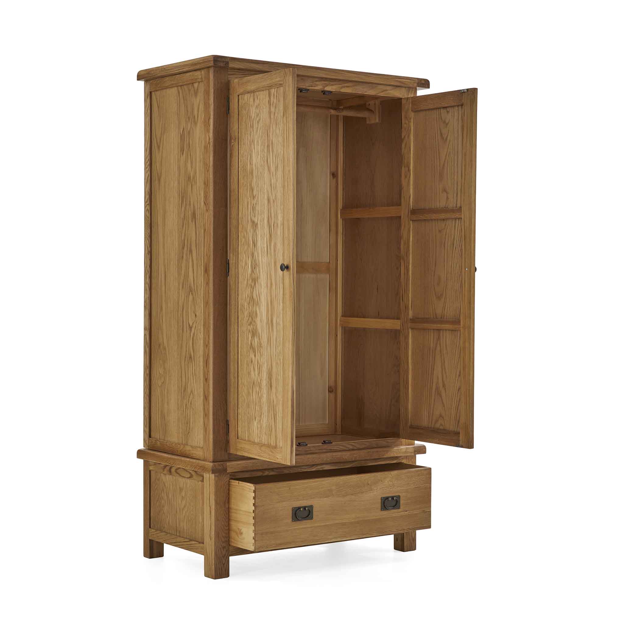 Zelah Oak Double Wardrobe With Drawers, Solid Wood | Rustic Waxed