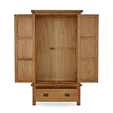 Zelah Oak Double Wardrobe with Drawer - Front view with wardrobes and drawers open