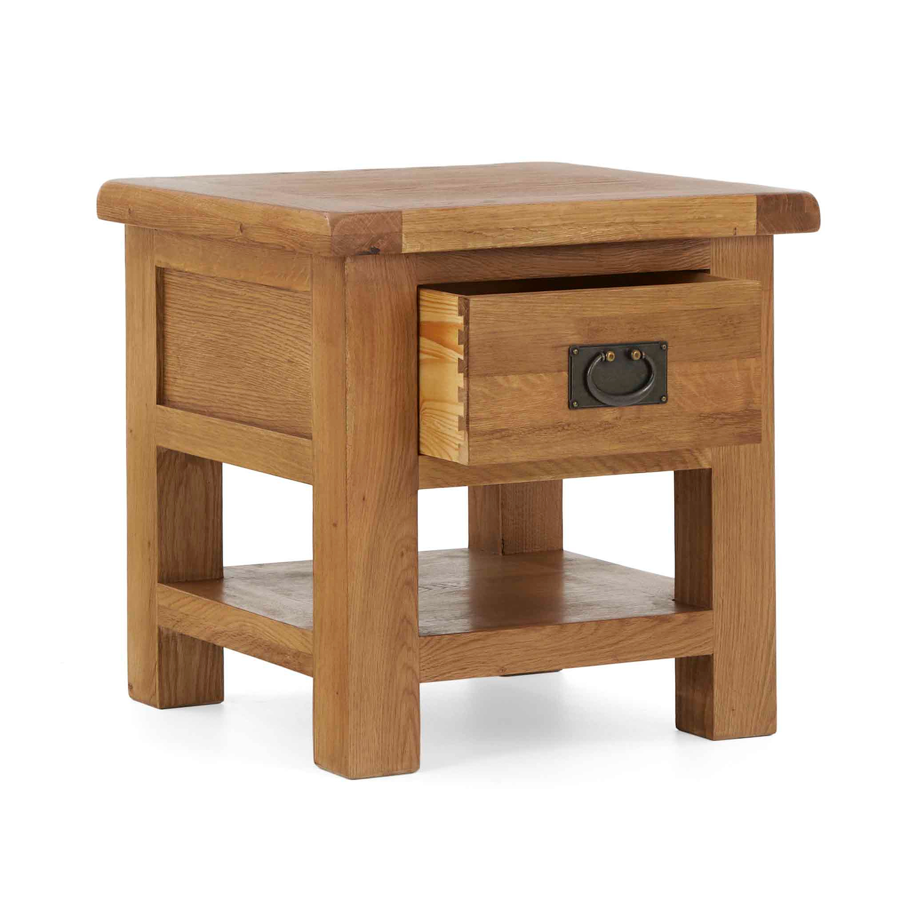 Zelah Oak Lamp Table with Drawer - Side view with drawer open