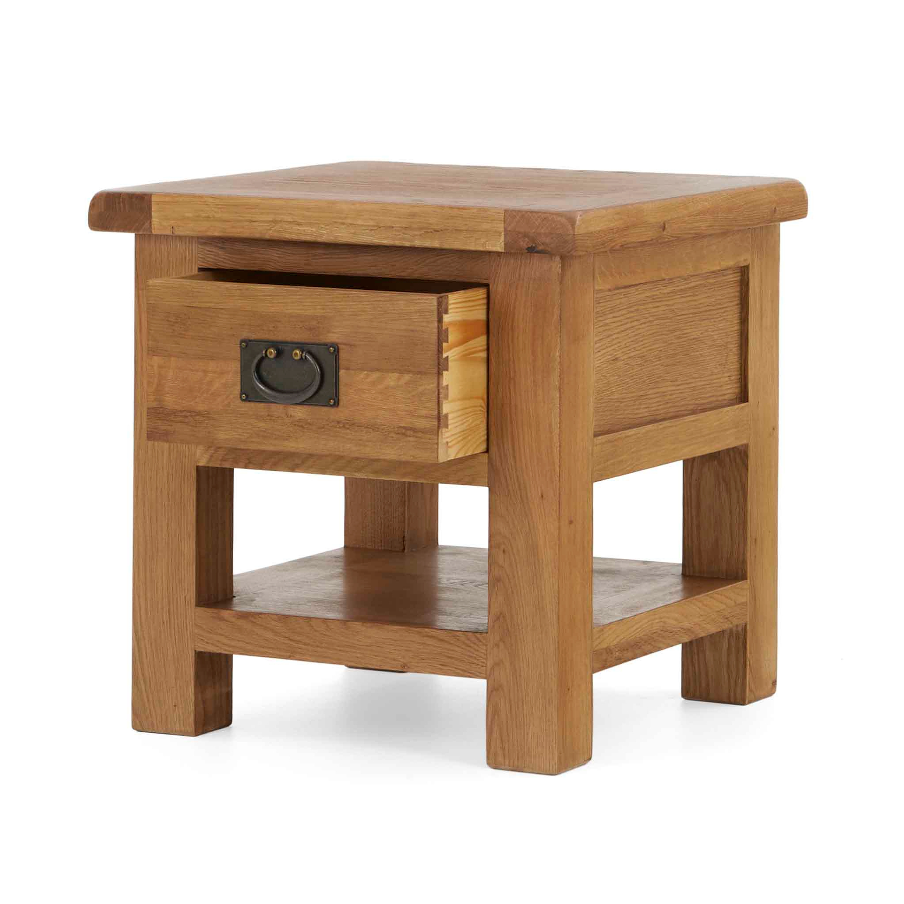 Zelah Oak Lamp Table with Drawer - Side view with drawer open