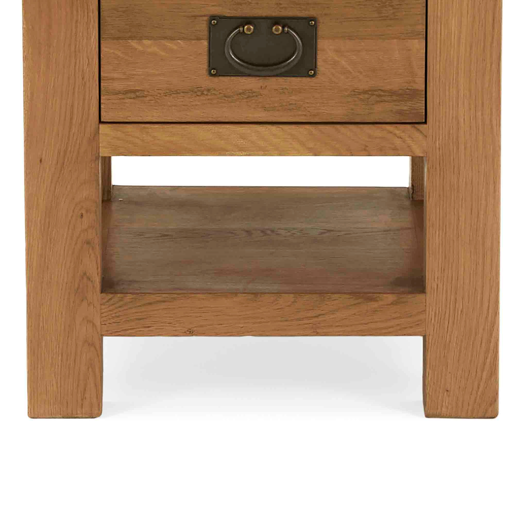 Zelah Oak Lamp Table with Drawer - Close up of lower shelf and legs