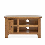 A wooden television stand with a flat top, an open shelf, circular cable holes, and a door on one side, isolated against a white background.