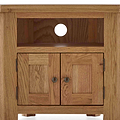 Zelah Oak Corner TV Stand - Close up of shelf and lower cupboard doors