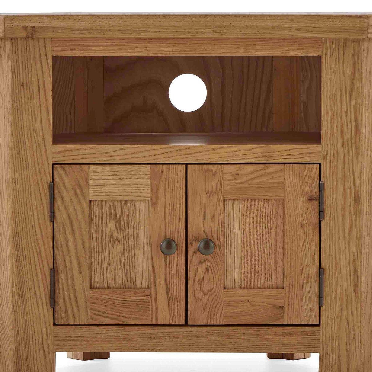 Zelah Oak Corner TV Stand - Close up of shelf and lower cupboard doors