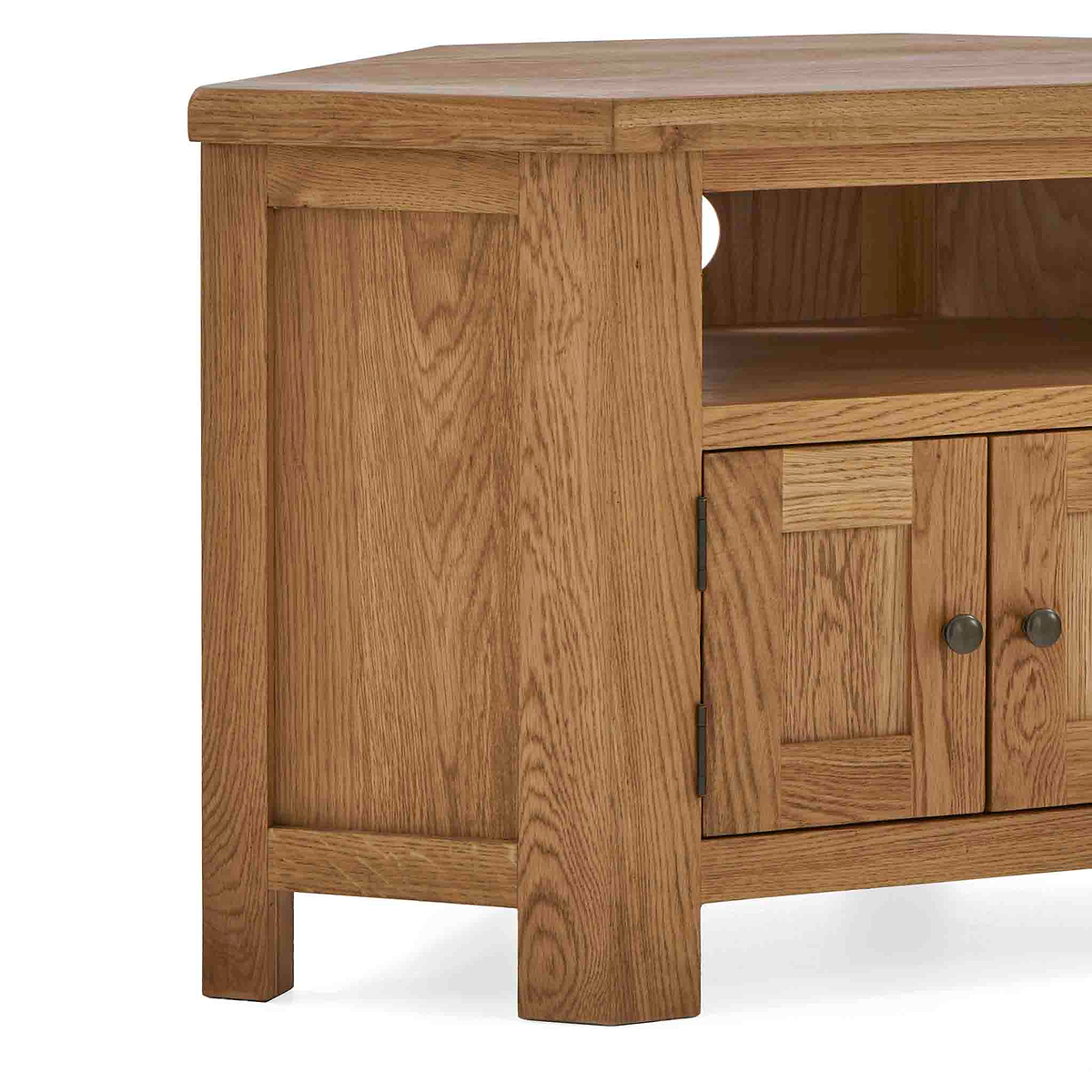 Zelah Oak Corner TV Stand - Close up of side and feet of stand