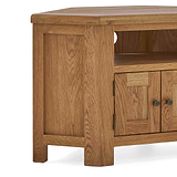 Zelah Oak Corner TV Stand - Close up of side and feet of stand