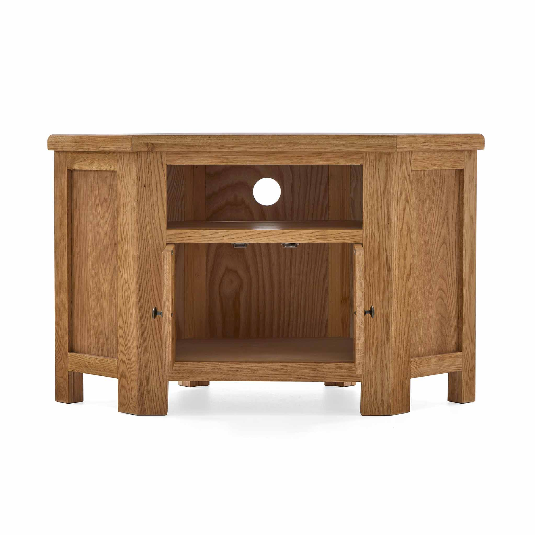 Zelah Oak Corner TV Stand - Front view with doors open