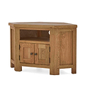 A wooden corner TV stand with a shelf and double doors, against a white background.
