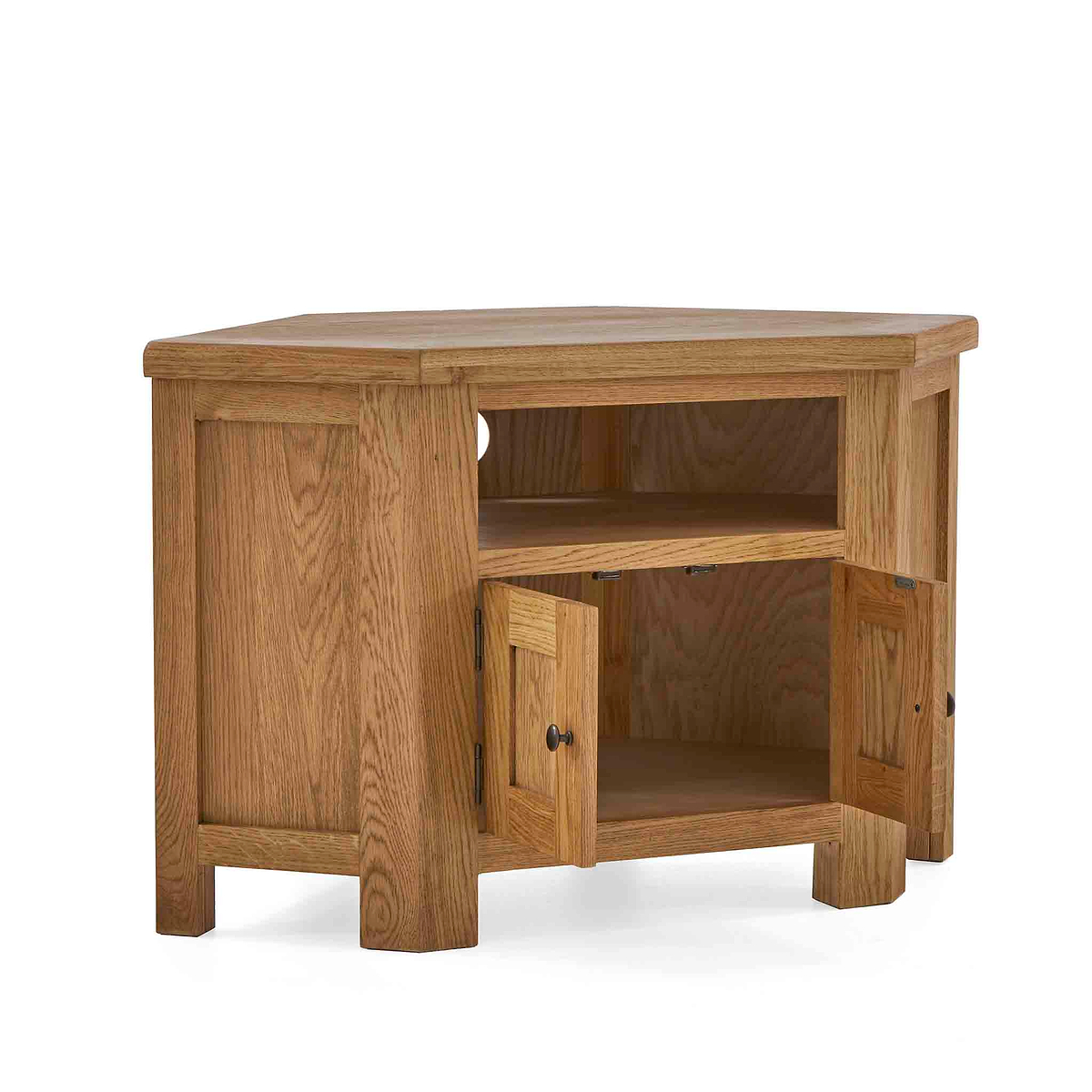 Zelah Oak Corner TV Stand - Side view with doors open