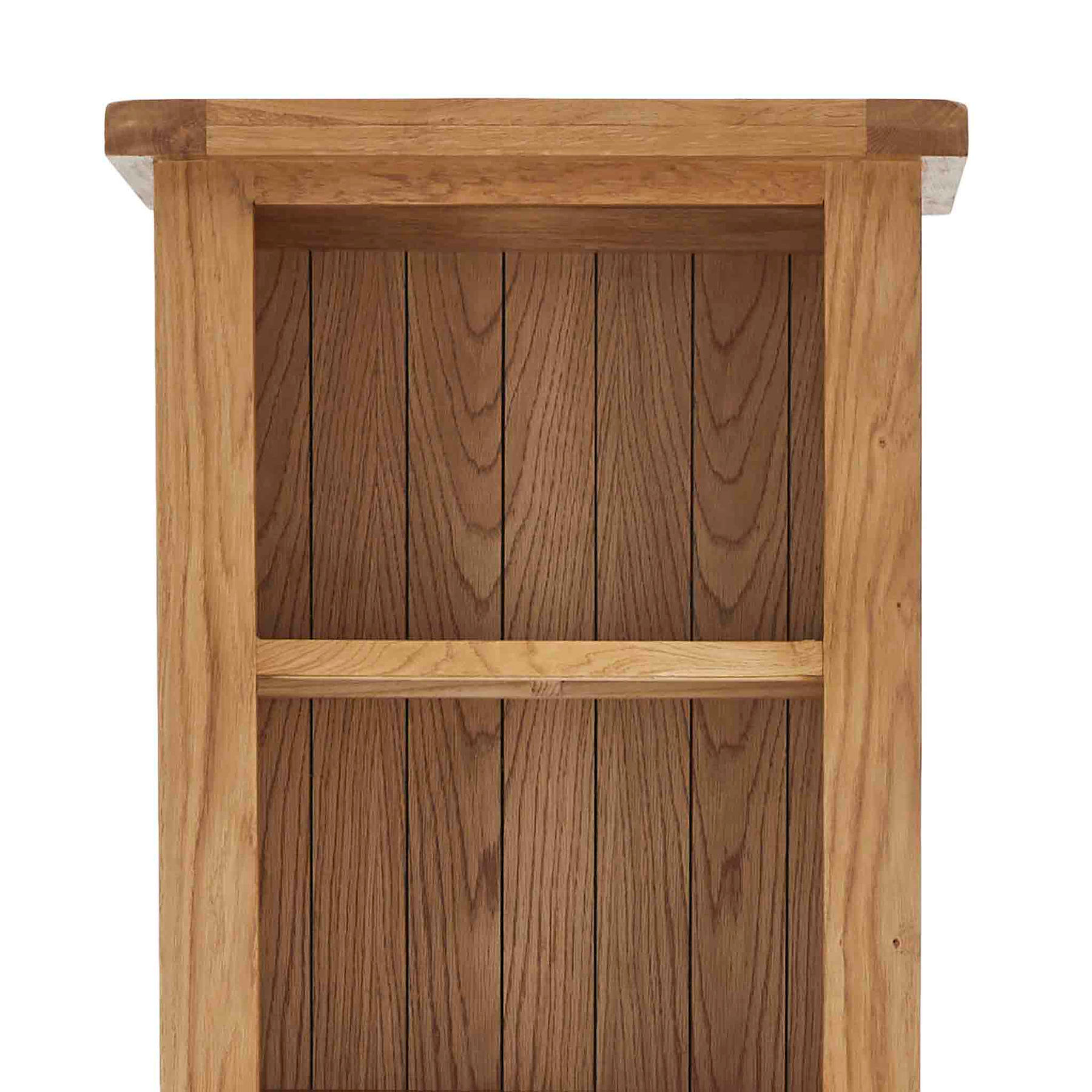 Zelah Oak Narrow Bookcase - Close up of top of bookcase