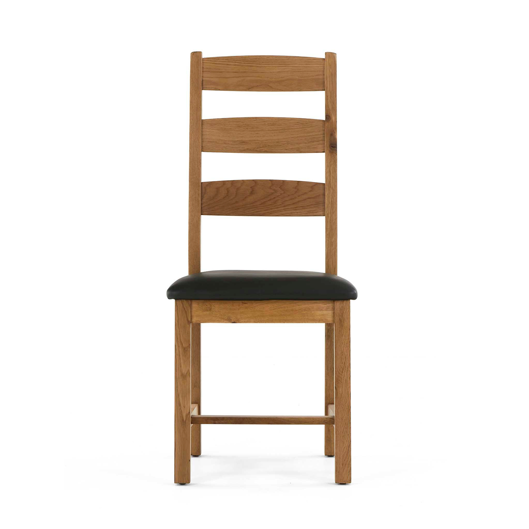 Wooden chair with black cushioned seat and ladder-style back.