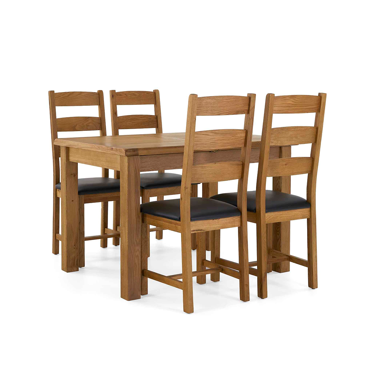 A wooden dining table and four chairs with black cushioned seats, arranged in an orderly fashion against an isolated white background.