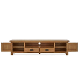 Zelah Oak 200cm TV Stand - Front view with cupboards and doors open