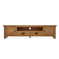 A wooden TV stand with shelves, drawers, and a cabinet, set against a plain white background.