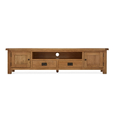 A wooden TV stand with shelves, drawers, and a cabinet, set against a plain white background.