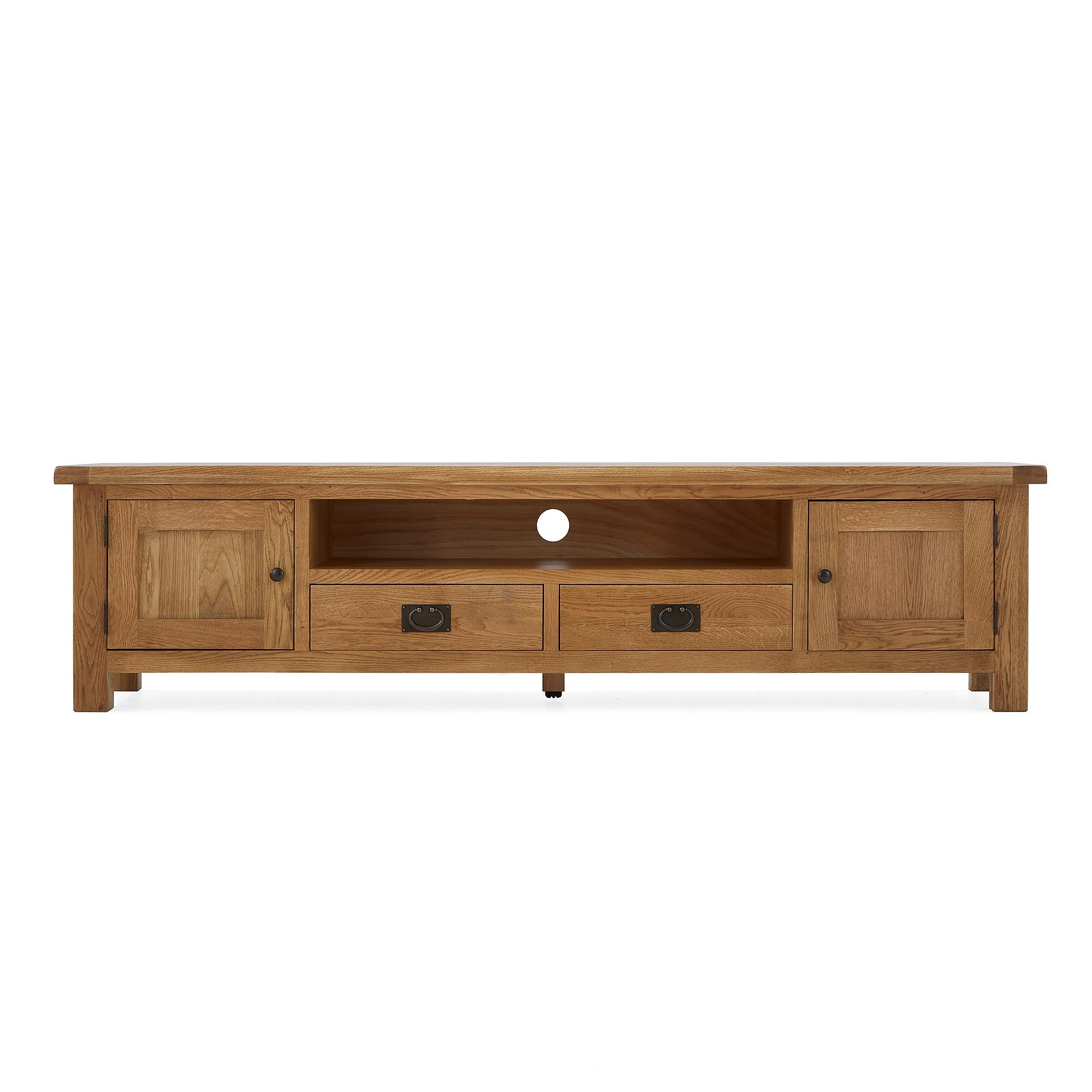 A wooden TV stand with shelves, drawers, and a cabinet, set against a plain white background.