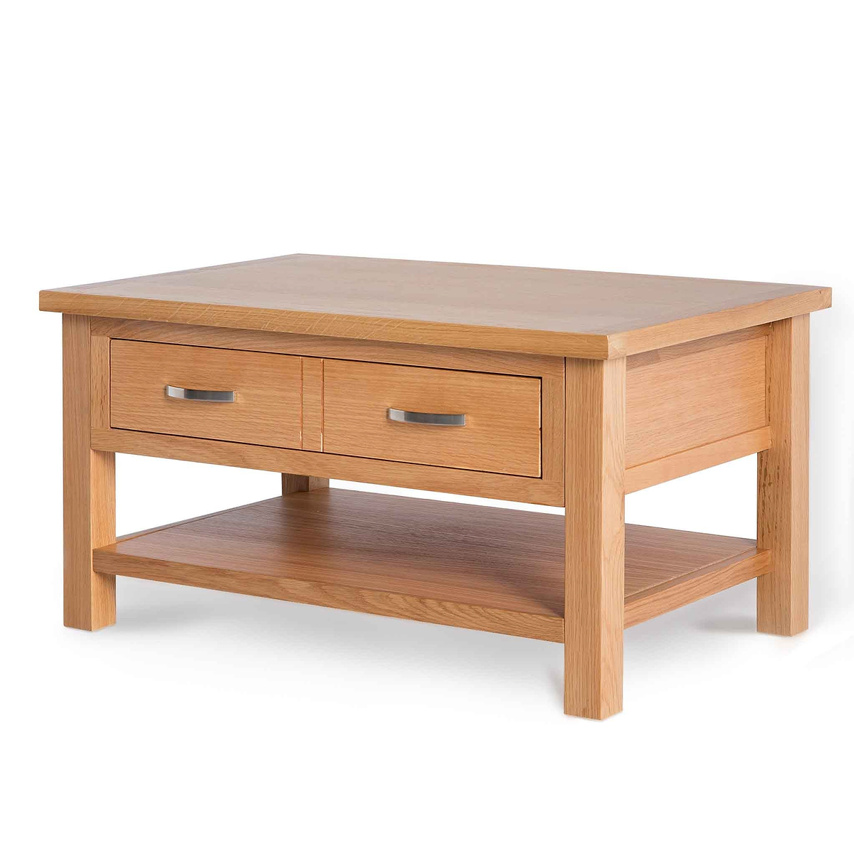 A wooden coffee table with two drawers and a lower shelf stands isolated against a white background.