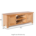 A wooden television stand with dimensions marked: 48cm high, 35cm deep, and 120cm wide; compartment heights are 14cm and 33cm; shelf depth is 44cm. Text states "Image for size information only."
