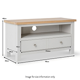 A white coffee table with a wooden top features a shelf and two drawers, labeled with measurements. Text: "Image for size information only."