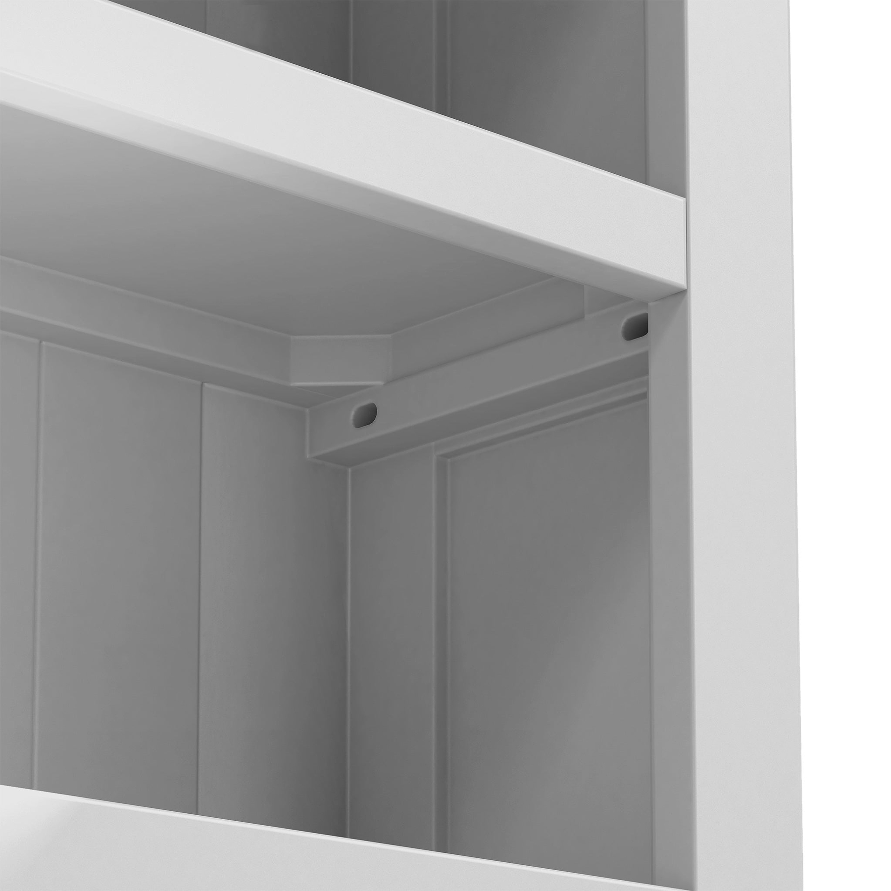 Empty white shelves inside a gray cabinet, with a corner view showing the side and the interior.