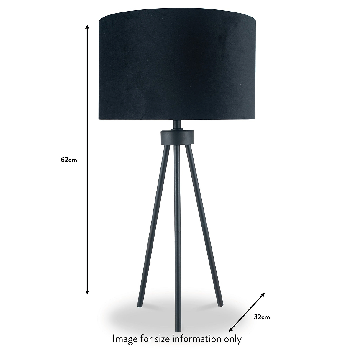 Houston Matt Black Metal Tripod Table Lamp dimensions