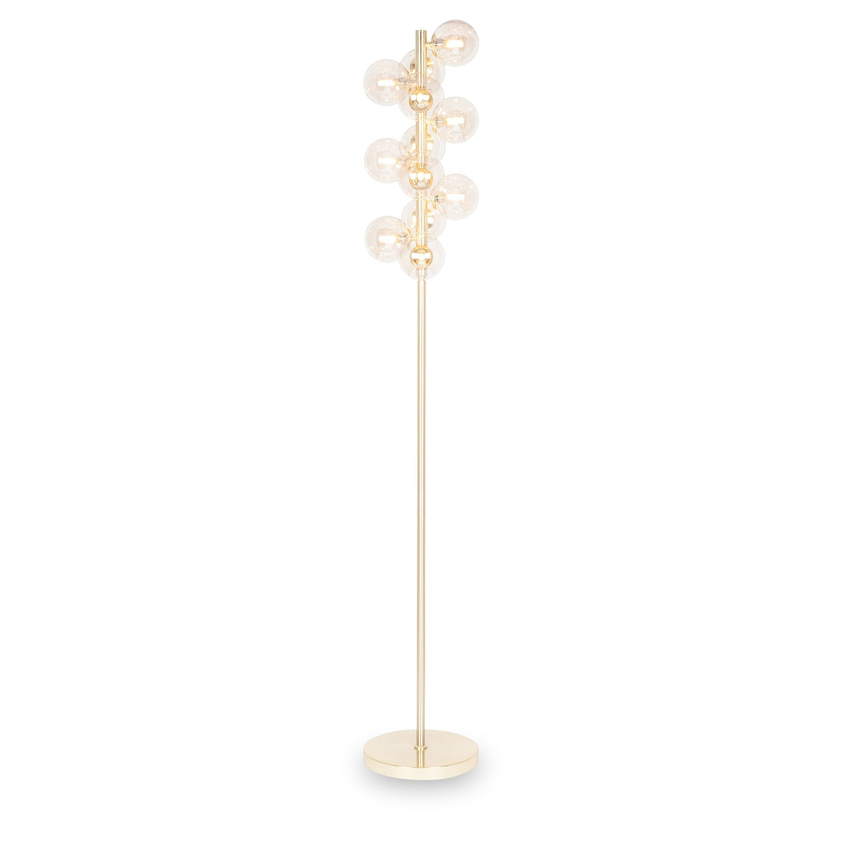 Gold floor lamp with multiple clear globes stands upright against a plain white background.