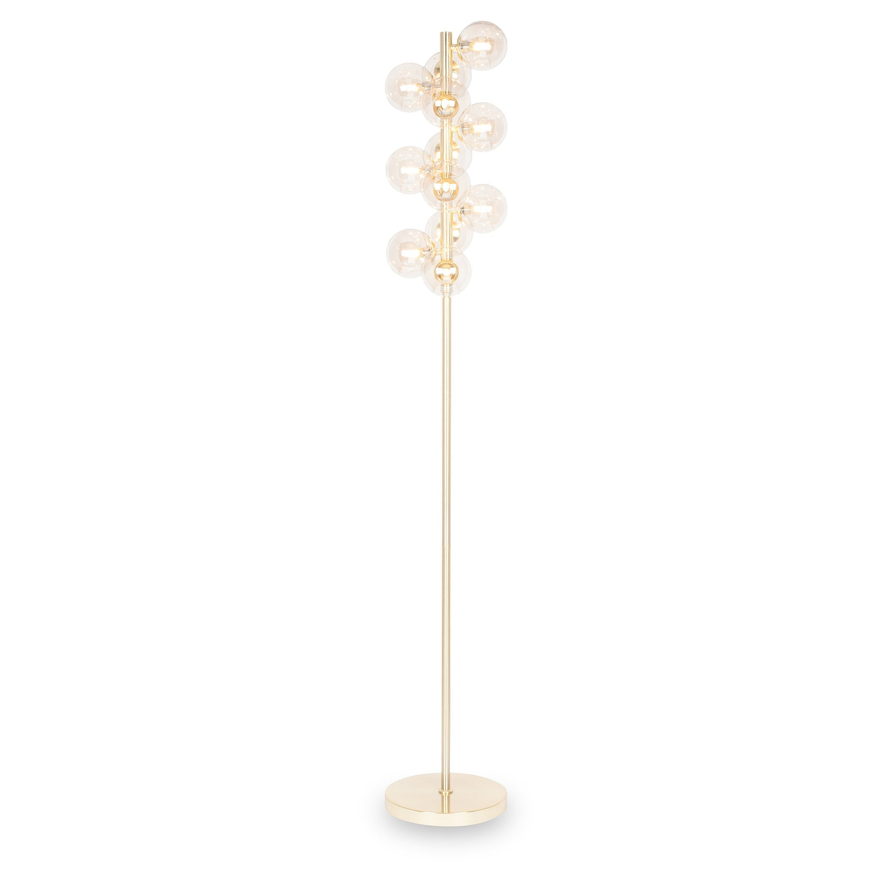 Gold floor lamp with multiple clear globes stands upright against a plain white background.